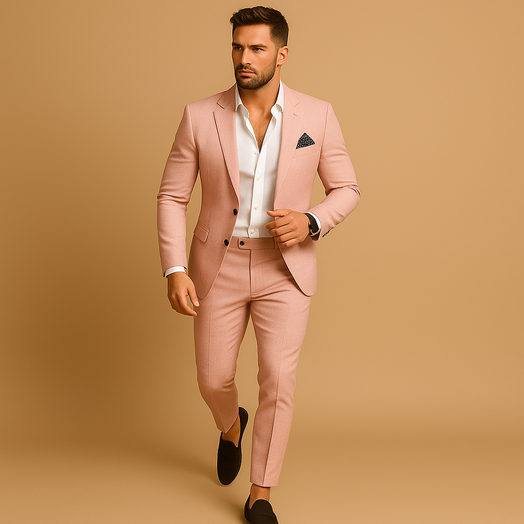 Tailored men's slim fit blazer and trousers set, a complete two-piece formal wear solution for any event.