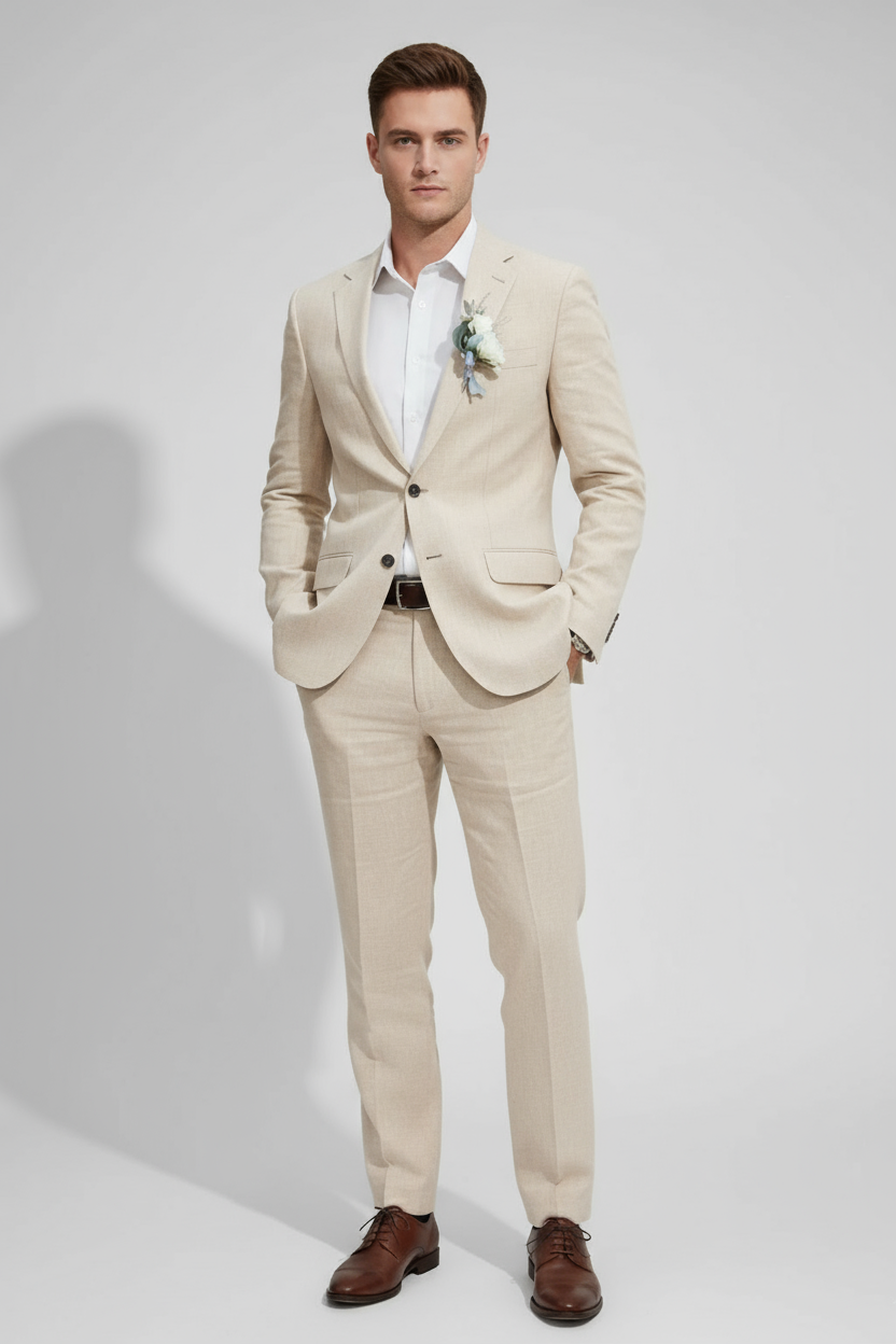 Men's slim fit two-piece tailored suit for weddings & formal events, showcasing modern men's fashion.