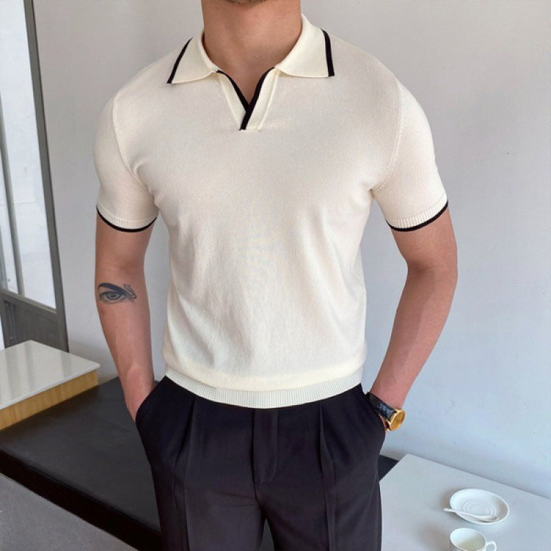 Men's slim fit V-collar polo shirt, perfect for smart casual style. Short sleeve, versatile men's top.
