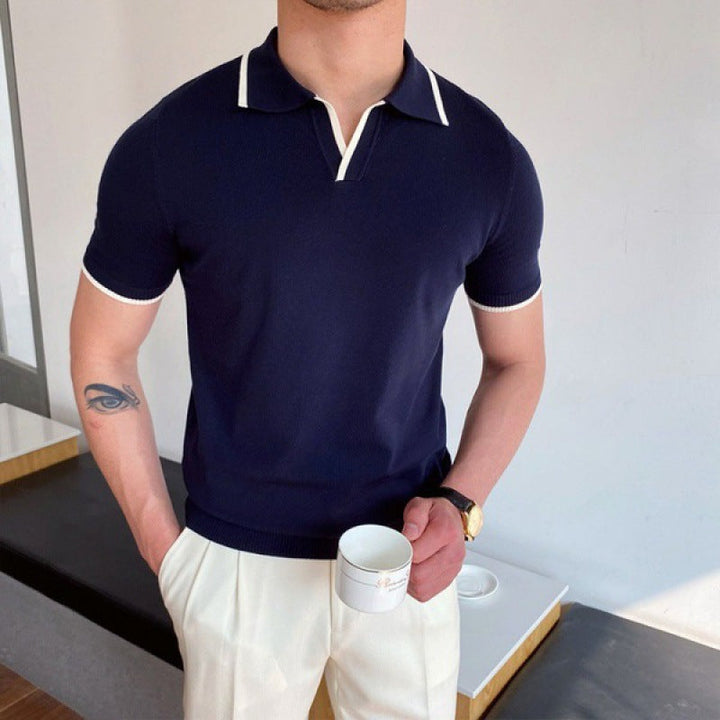 Stylish men's V-collar slim fit polo for smart casual fashion. Comfortable short sleeve everyday top.