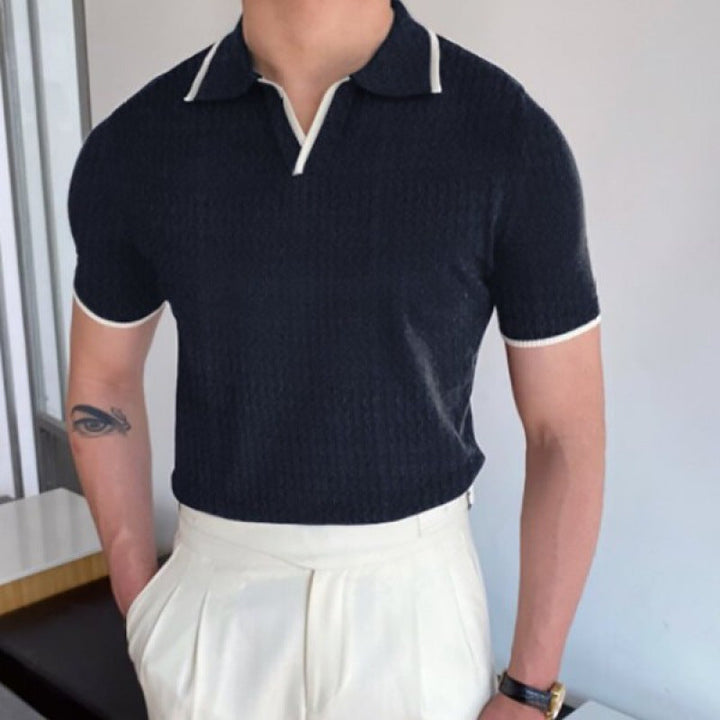 Versatile men's slim fit V-collar polo shirt. Ideal short sleeve top for smart casual and everyday wear.