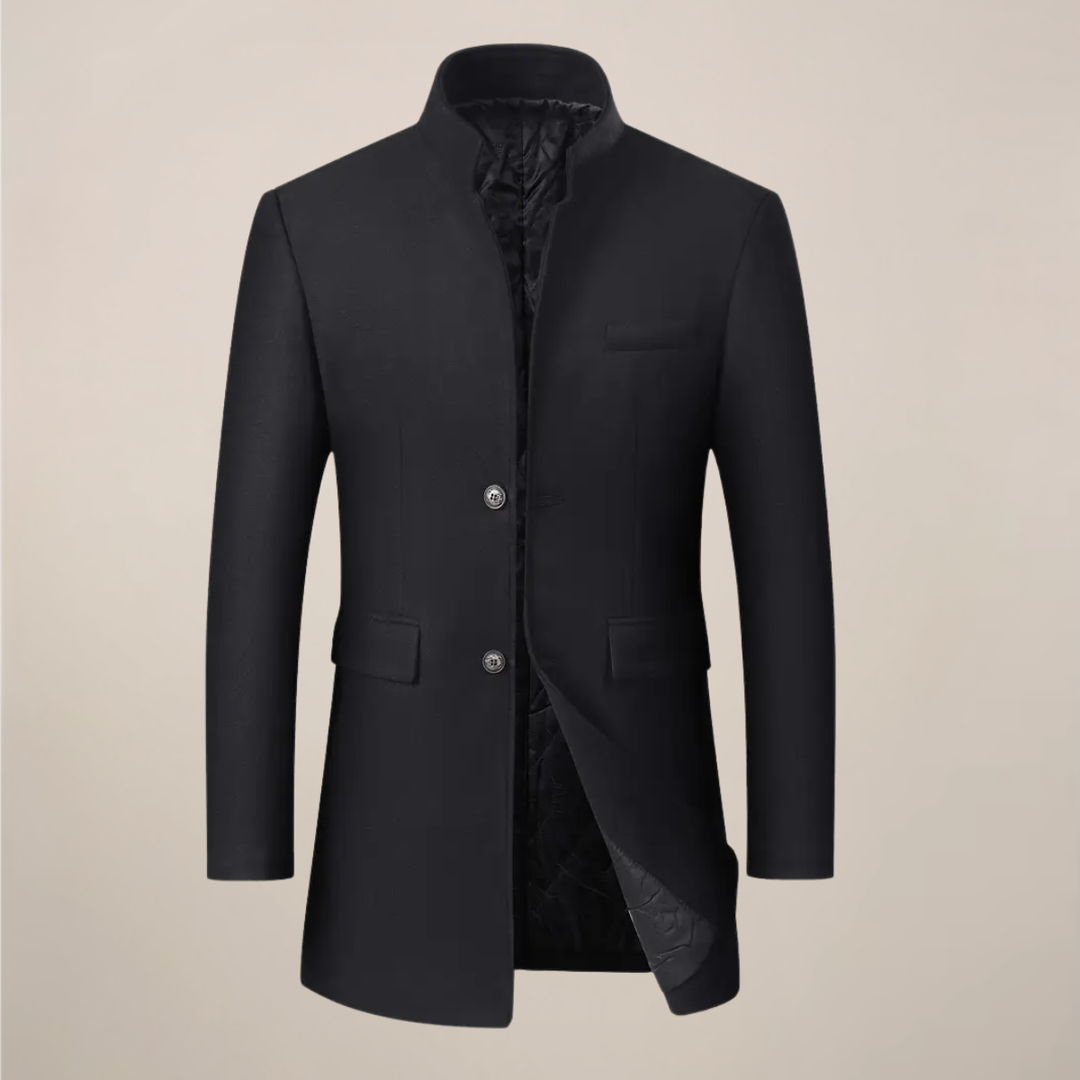 Men's slim fit winter trench coat with a stylish stand collar for elegant cold weather fashion.