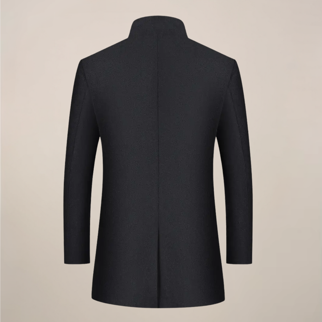Elegant men's slim fit winter coat. Long trench jacket with a sophisticated stand collar, ideal for cold weather.