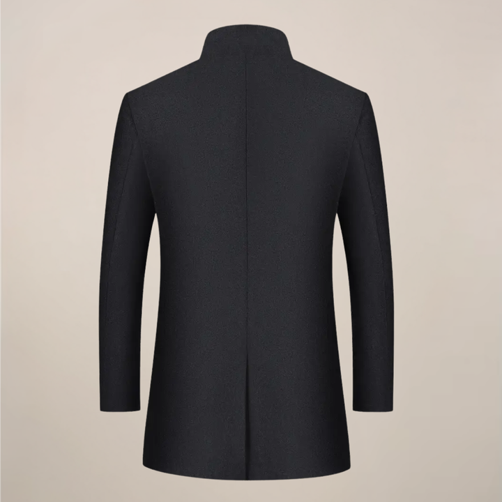 Elegant men's slim fit winter coat. Long trench jacket with a sophisticated stand collar, ideal for cold weather.