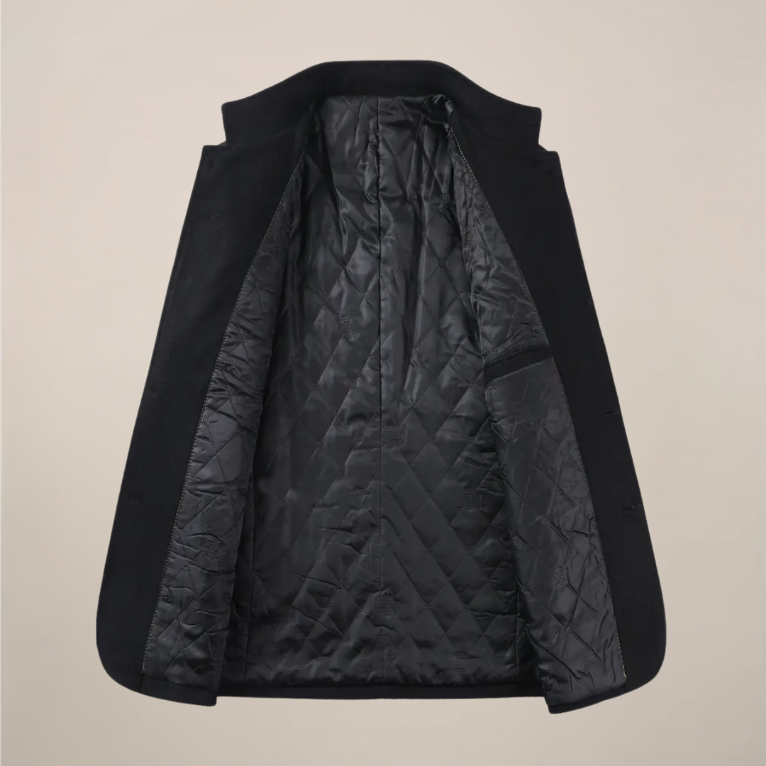 Warm men's slim fit winter trench coat, perfect outerwear for cold weather. Features a sleek stand collar.