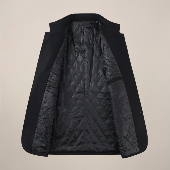 Warm men's slim fit winter trench coat, perfect outerwear for cold weather. Features a sleek stand collar.