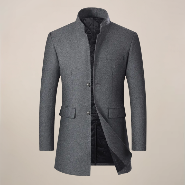 Men's elegant slim fit winter coat with a stand collar. This long trench jacket is ideal for cold weather outerwear.