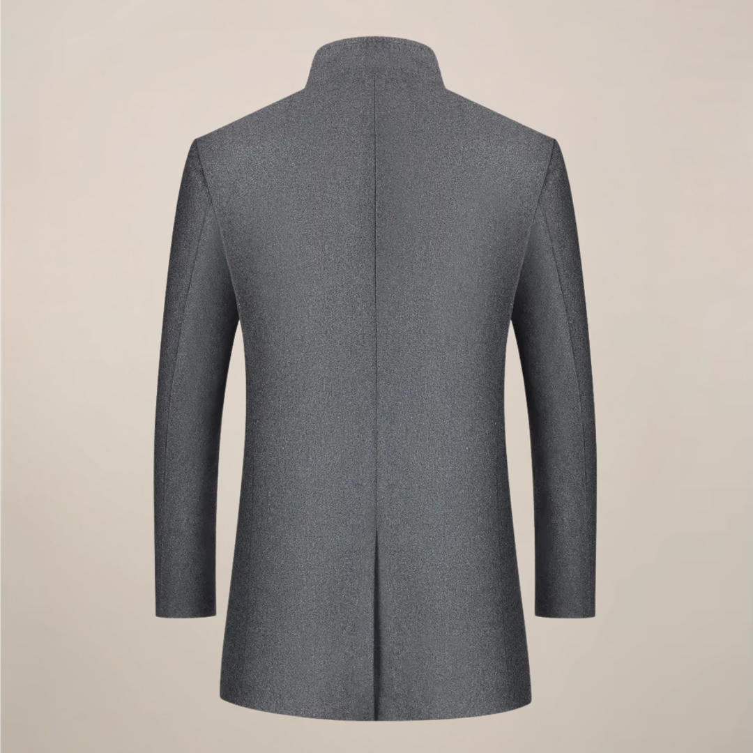 Men's slim fit winter trench coat. Elegant long jacket with stand collar for cold weather fashion outerwear.