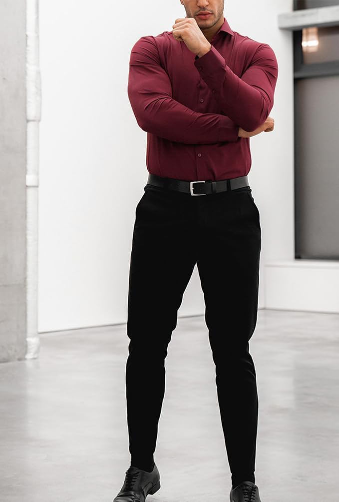 Durable men's slim fit dress shirt, wrinkle-free for lasting style.