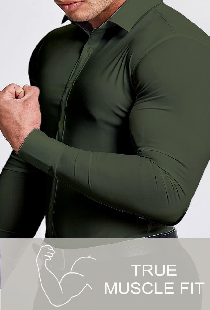 Smooth men's slim fit dress shirt, no wrinkles for a crisp look.