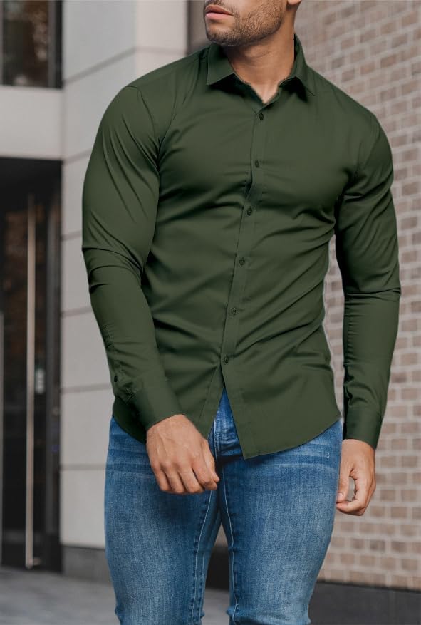 Premium fabric men's slim fit dress shirt, wrinkle-free and comfortable.