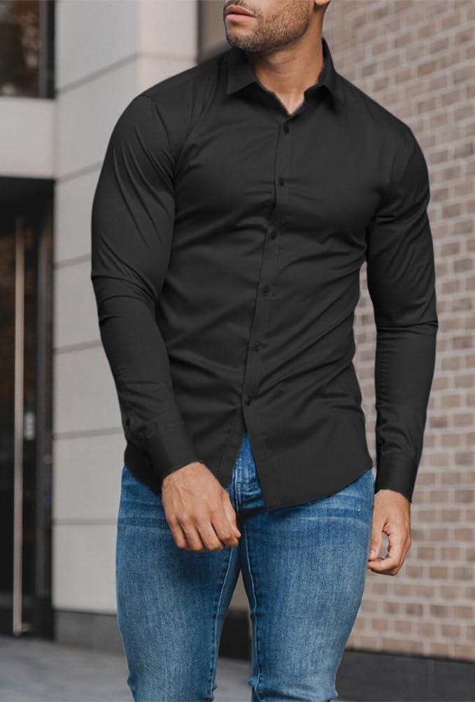 Men's travel-friendly slim fit shirt, wrinkle-free convenience.