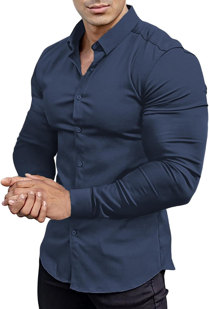 Men's slim fit wrinkle-free dress shirt.
