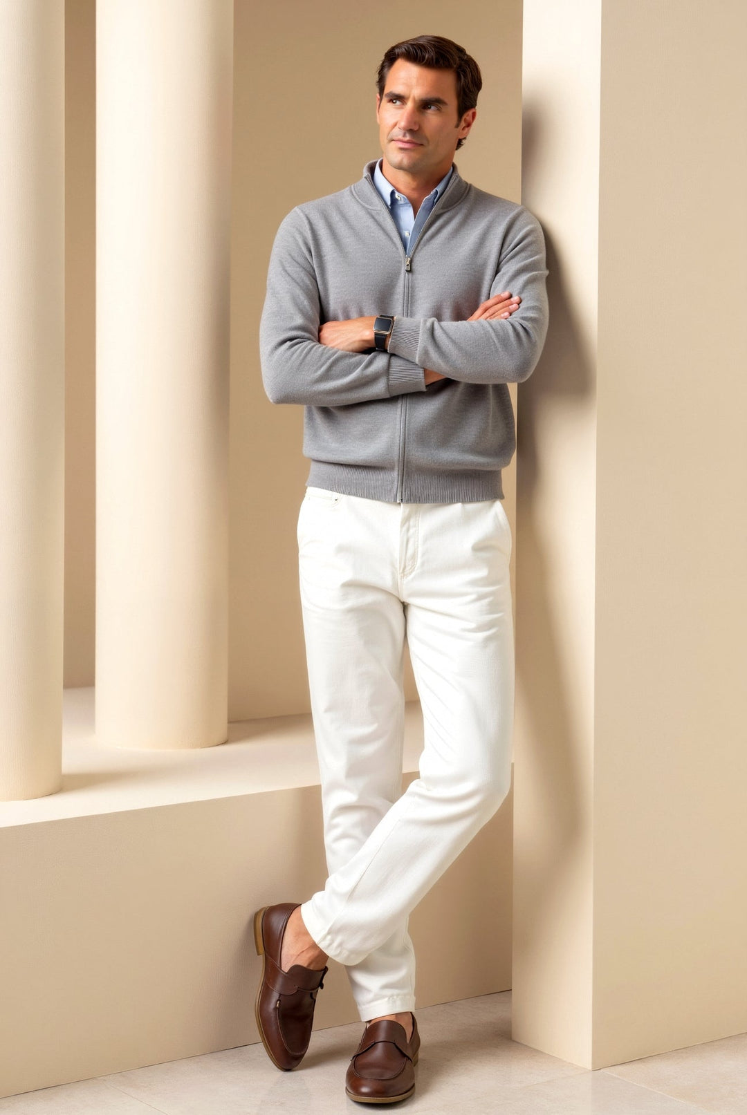 Classic men's slim fit zip-up jacket with stand collar. Perfect layering piece for versatile casual outerwear.