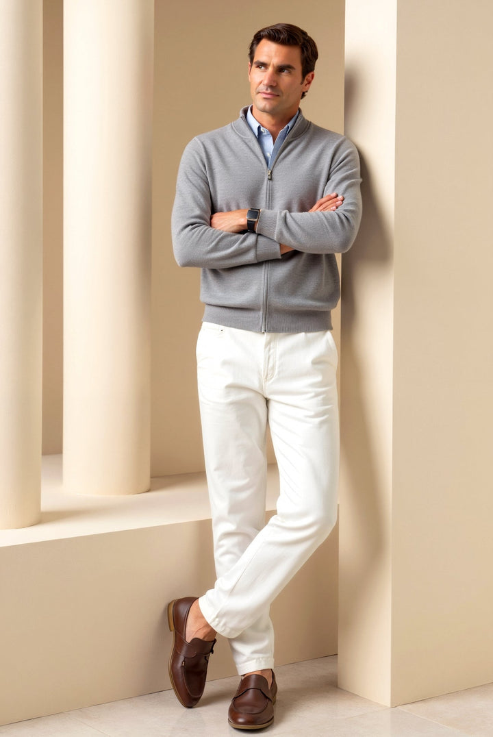 Classic men's slim fit zip-up jacket with stand collar. Perfect layering piece for versatile casual outerwear.