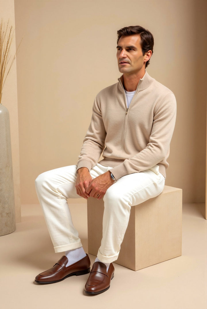 Modern men's slim fit zip-up jacket featuring a sleek stand collar. Stylish and comfortable casual outerwear.