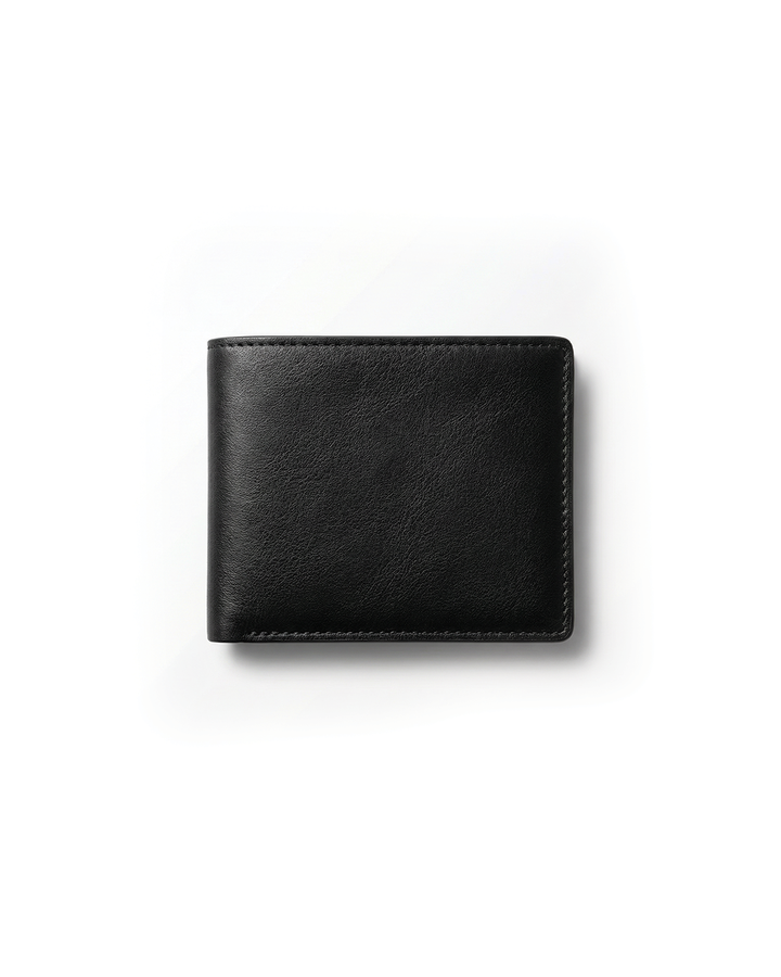 Men's slim full-grain leather bifold wallet in a rich brown color, closed.