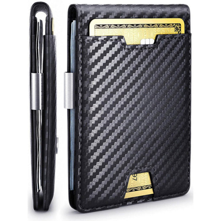 Men's slim RFID faux leather wallet with money clip & coin pocket, perfect for secure everyday card and cash storage.