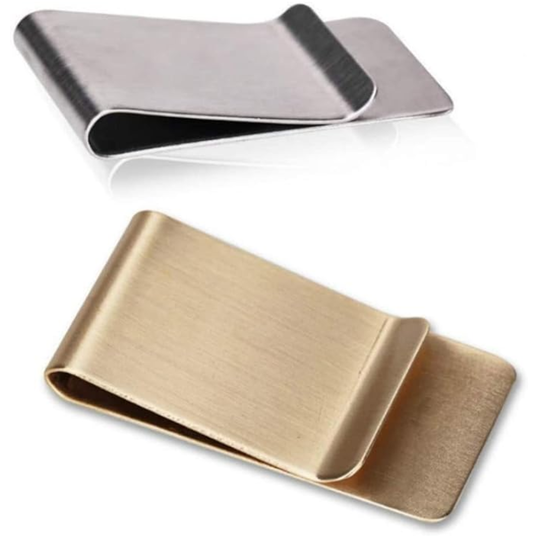 Minimalist men's slim stainless steel wallet & money clip combo. Securely holds cards & cash.