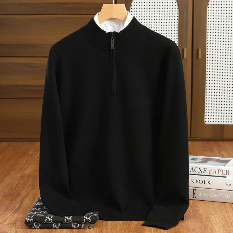 Tailored fit men's half-zip mock neck pullover sweater, a versatile smart casual essential for winter.