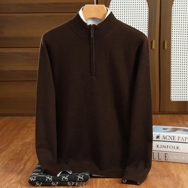 Comfortable men's half-zip mock neck pullover, ideal for smart casual or business casual fall/winter wear.