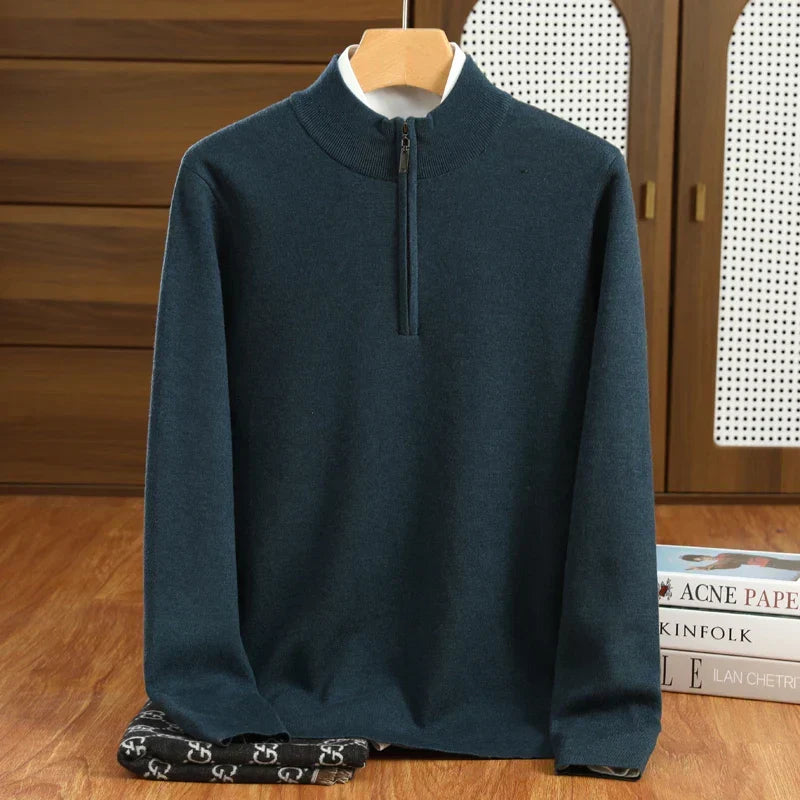 Modern men's half-zip mock neck pullover sweater, designed for smart casual and everyday versatile style.