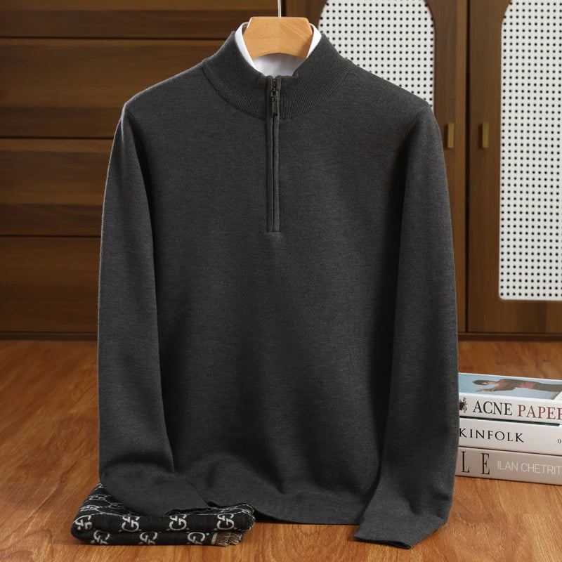 Stylish men's half-zip mock neck pullover sweater in a smart casual tailored fit for modern men's fashion.
