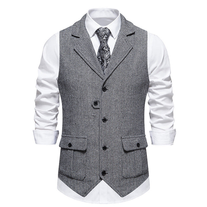 Front view of a men's business vest, a key piece for smart casual menswear and office wear.