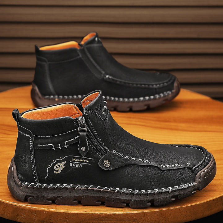 Men's Soft Breathable Outdoor Tooling Zipper Boots, black, showcasing quality stitching details