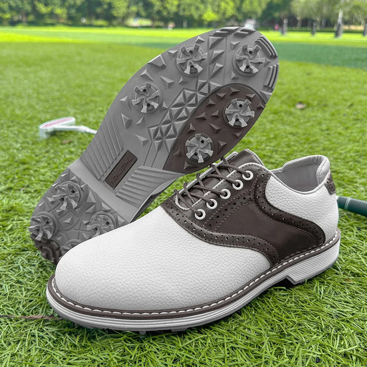 Lifestyle image of Men's Spiked Golf Brogue Shoes worn by a golfer, on the course