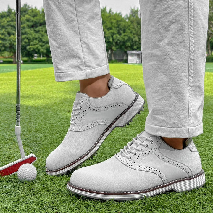Men's Golf Brogue Shoes from above, showcasing classic brogue detailing and spikes