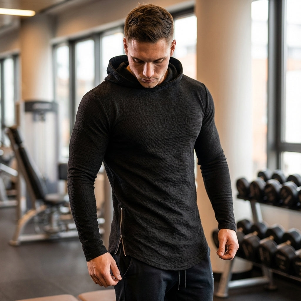 Men's sporty training hoodie with full zipper. Slim fit activewear for gym workouts.
