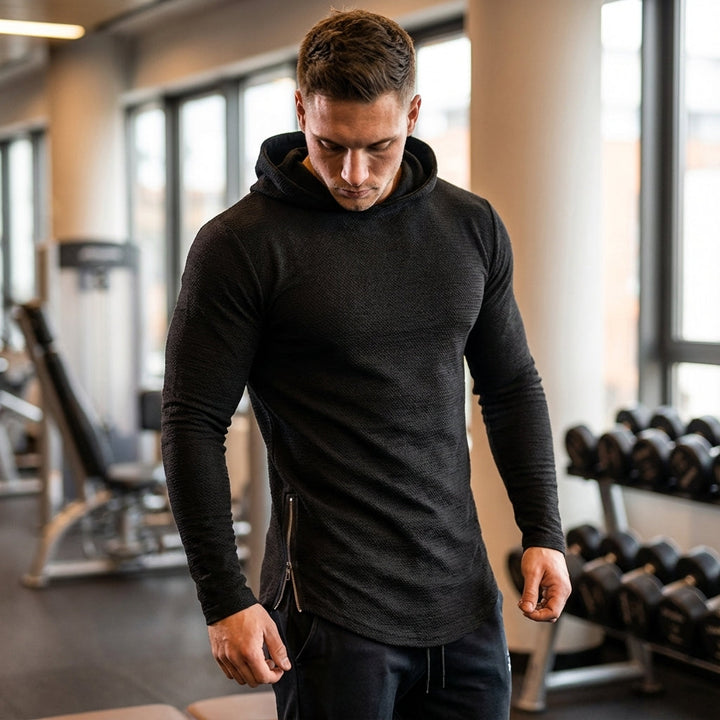 Men's sporty training hoodie with full zipper. Slim fit activewear for gym workouts.