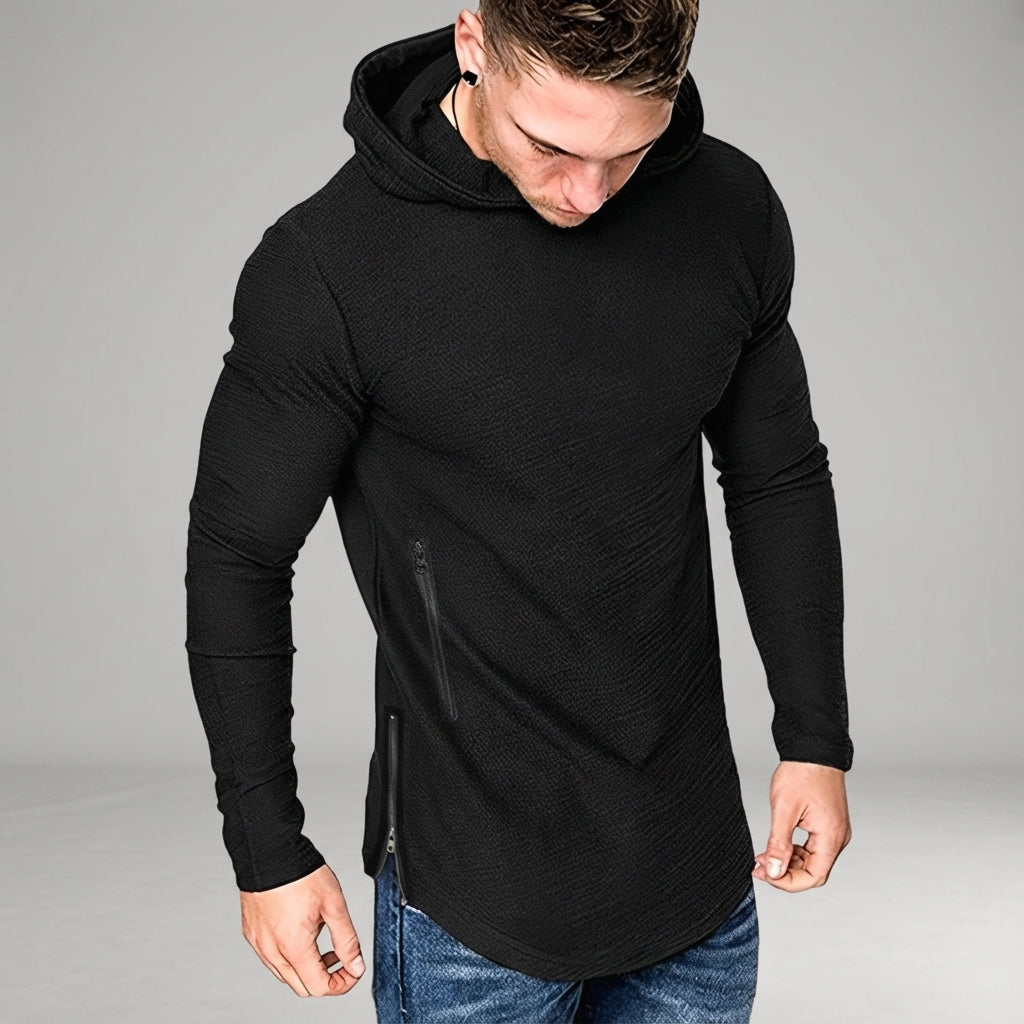 Comfortable men's athletic training hoodie. Full zip, slim fit sportswear for active men.