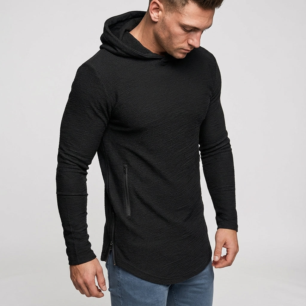Stylish men's full zip sporty hoodie. Slim fit activewear for workouts & casual wear.