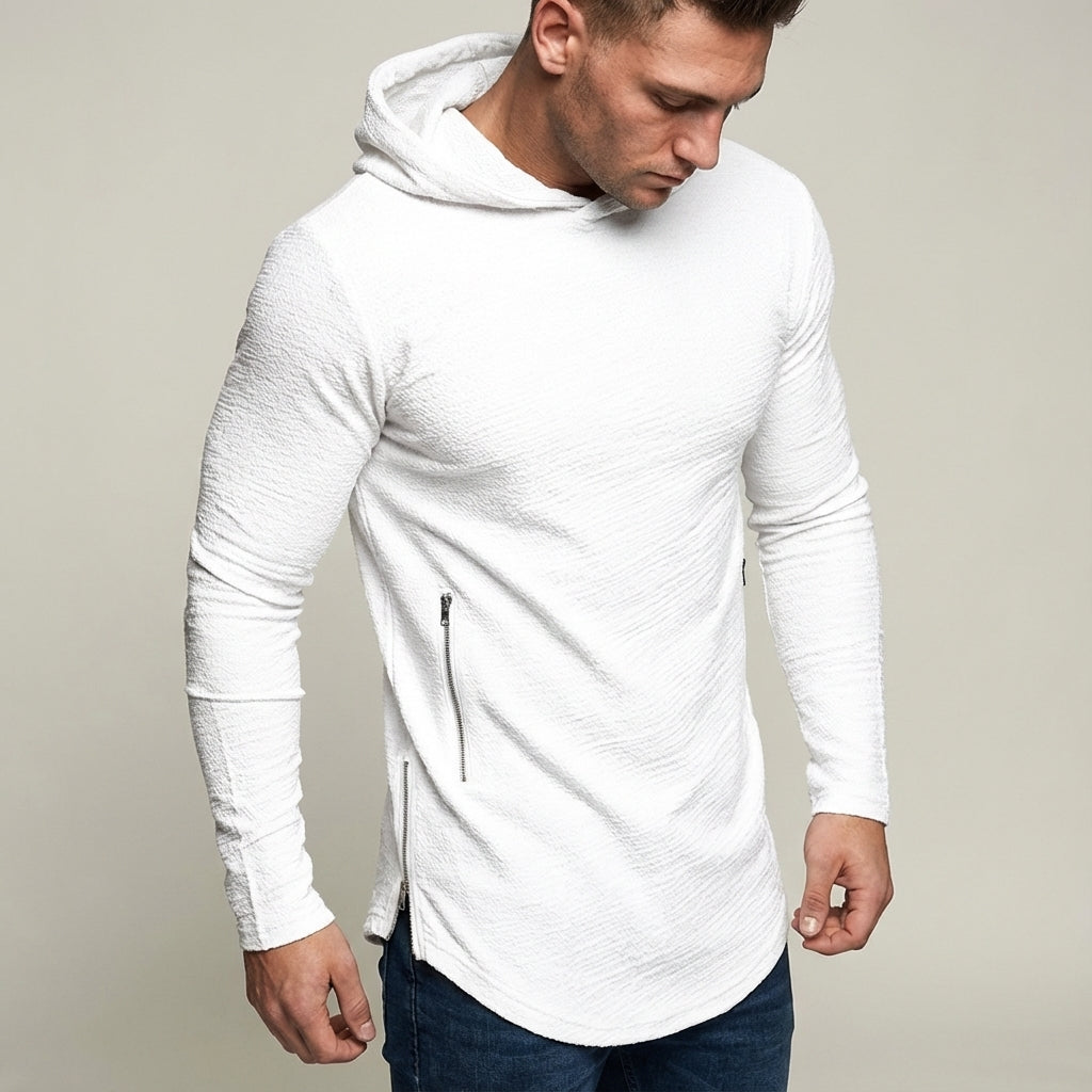 Men's athletic full zip training hoodie. Slim fit gym apparel hooded sweatshirt.