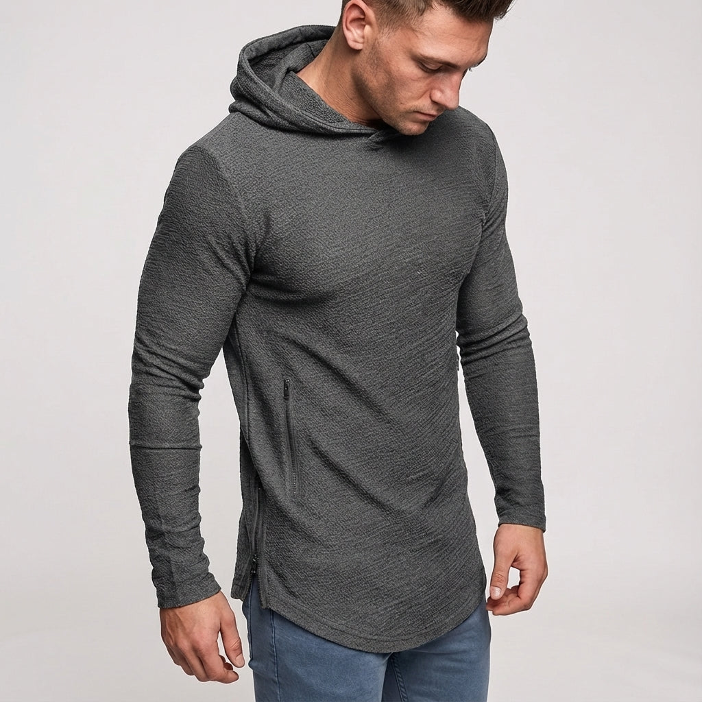 Sporty men's slim fit training hoodie with full zipper and hood. Ideal for athletic wear.