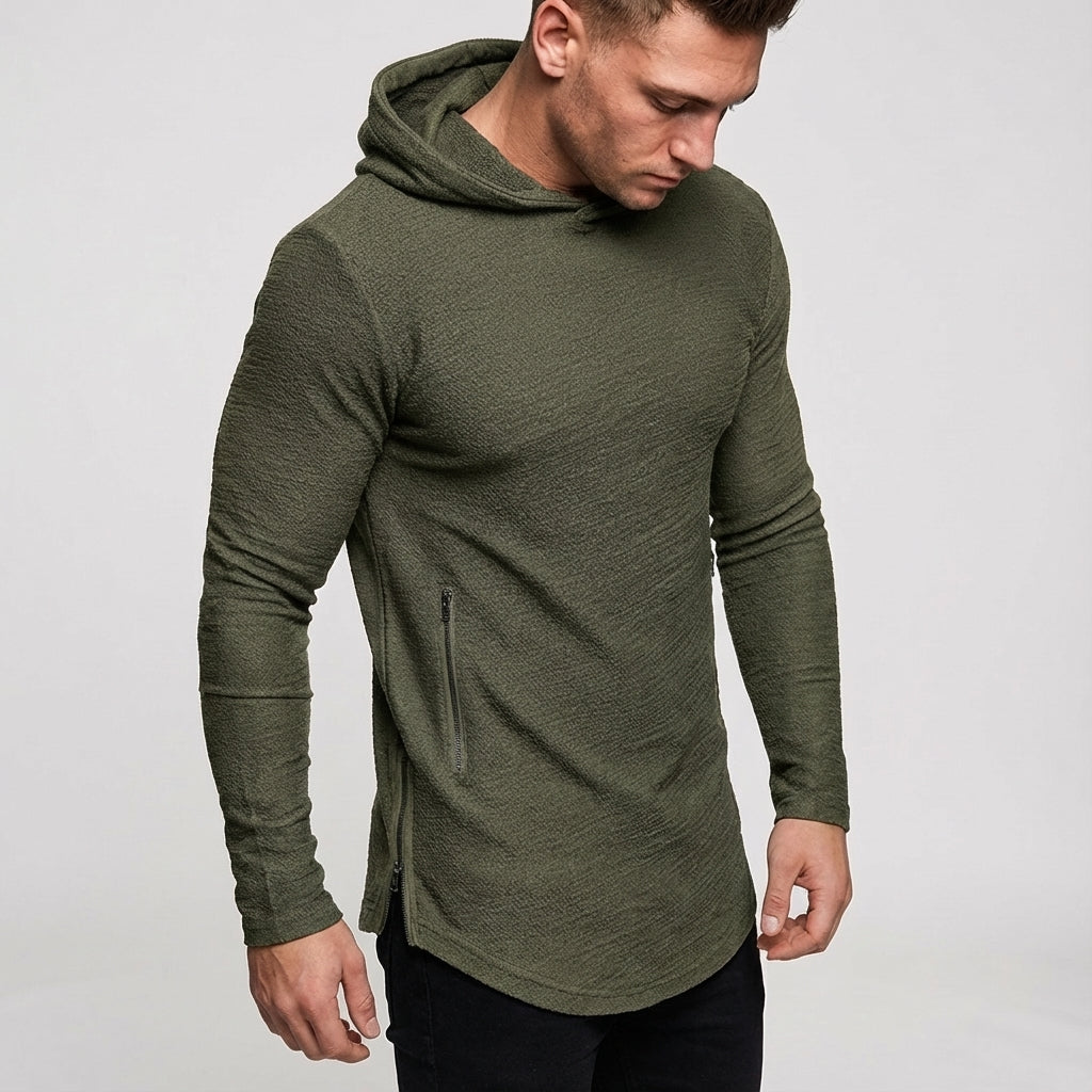 Men's full zip activewear hoodie. Slim fit sporty training hooded sweatshirt for gym.