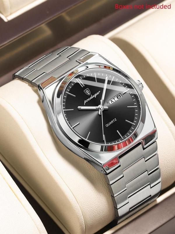 Classic men's quartz watch in stainless steel, featuring day and date functions, water-resistant