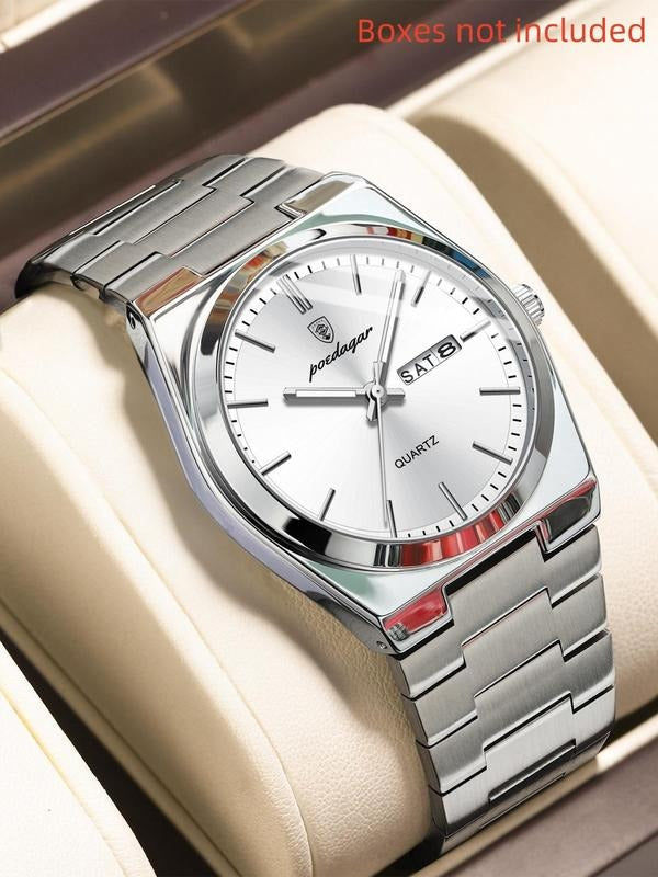 Durable men's analog quartz watch, polished stainless steel case and bracelet, day date feature