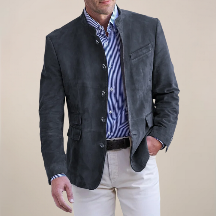 Men's stand collar blazer in navy. Stylish smart casual layering jacket for work, events, or everyday wear.