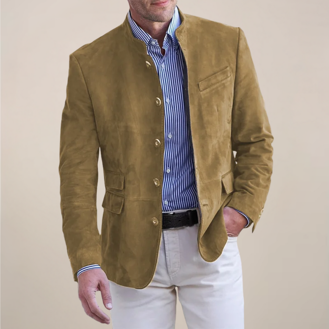 Lightweight men's stand collar blazer. Versatile for business casual, formal events, or stylish everyday layering.