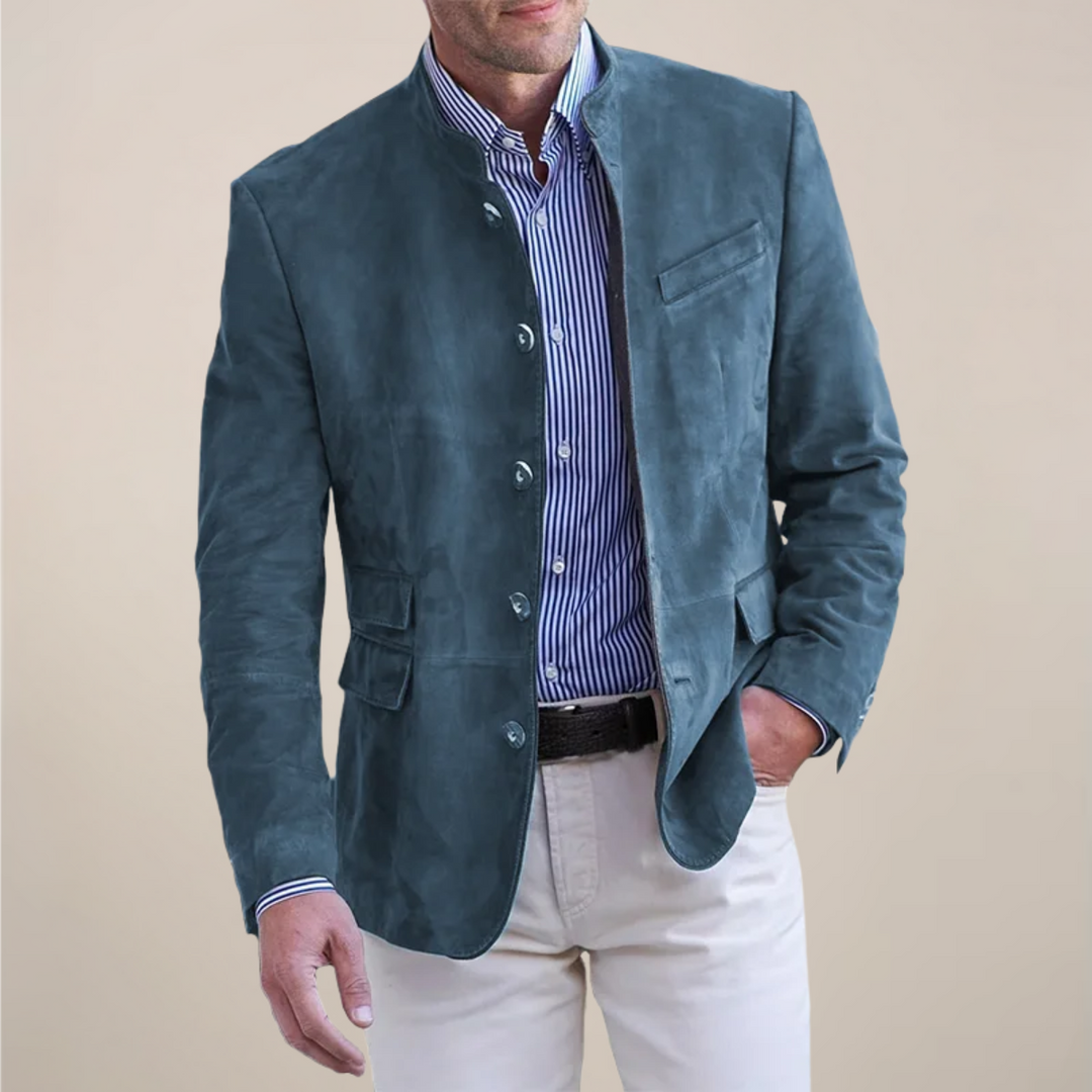 Stylish men's stand collar blazer, perfect for smart casual everyday wear, work, and fashion-forward layering.