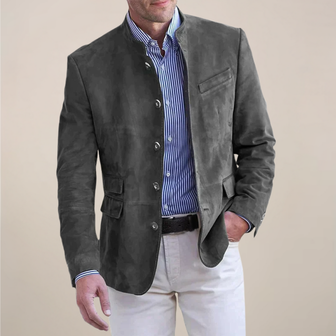 Smart casual men's stand collar blazer. Ideal lightweight layering jacket for work, event attire, and formal wear.
