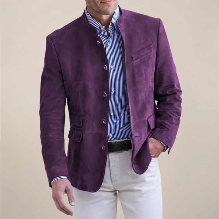 Modern men's stand collar blazer. Sophisticated lightweight jacket for smart casual layering, business, and events.