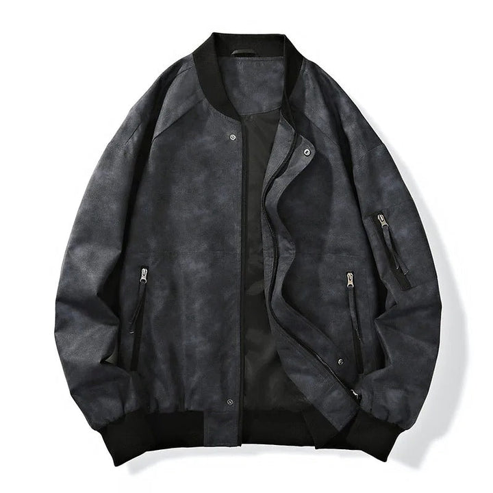 Front view of a men's stonewash canvas bomber jacket with ribbed cuffs, ideal for casual wear