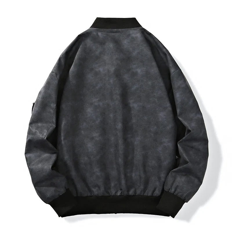 Back view of a men's relaxed fit stonewash canvas bomber jacket, essential menswear outerwear