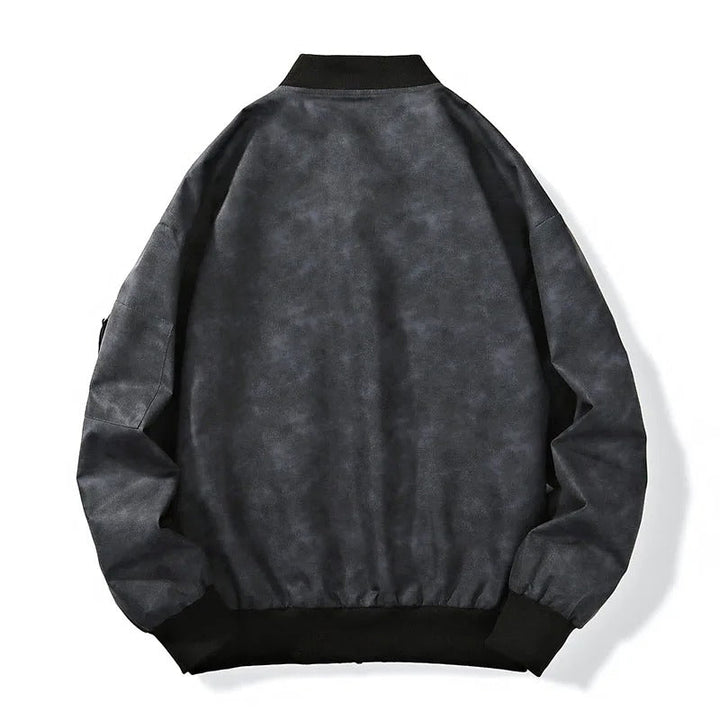 Back view of a men's relaxed fit stonewash canvas bomber jacket, essential menswear outerwear