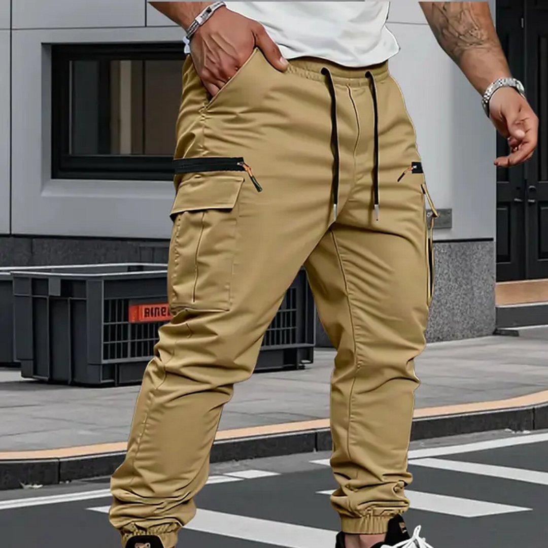 Comfortable men's flexible stretch jogger cargo pants in khaki, ideal for everyday wear.
