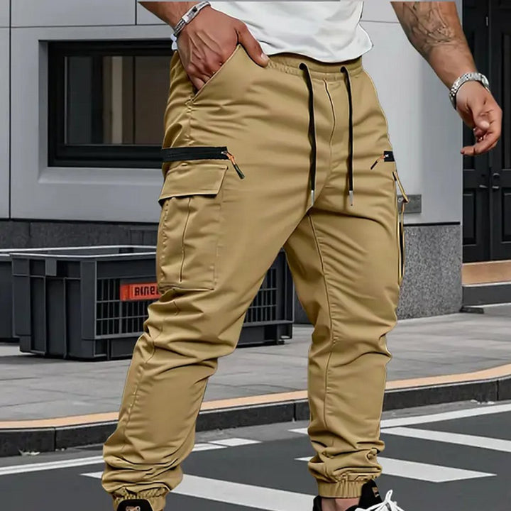 Comfortable men's flexible stretch jogger cargo pants in khaki, ideal for everyday wear.